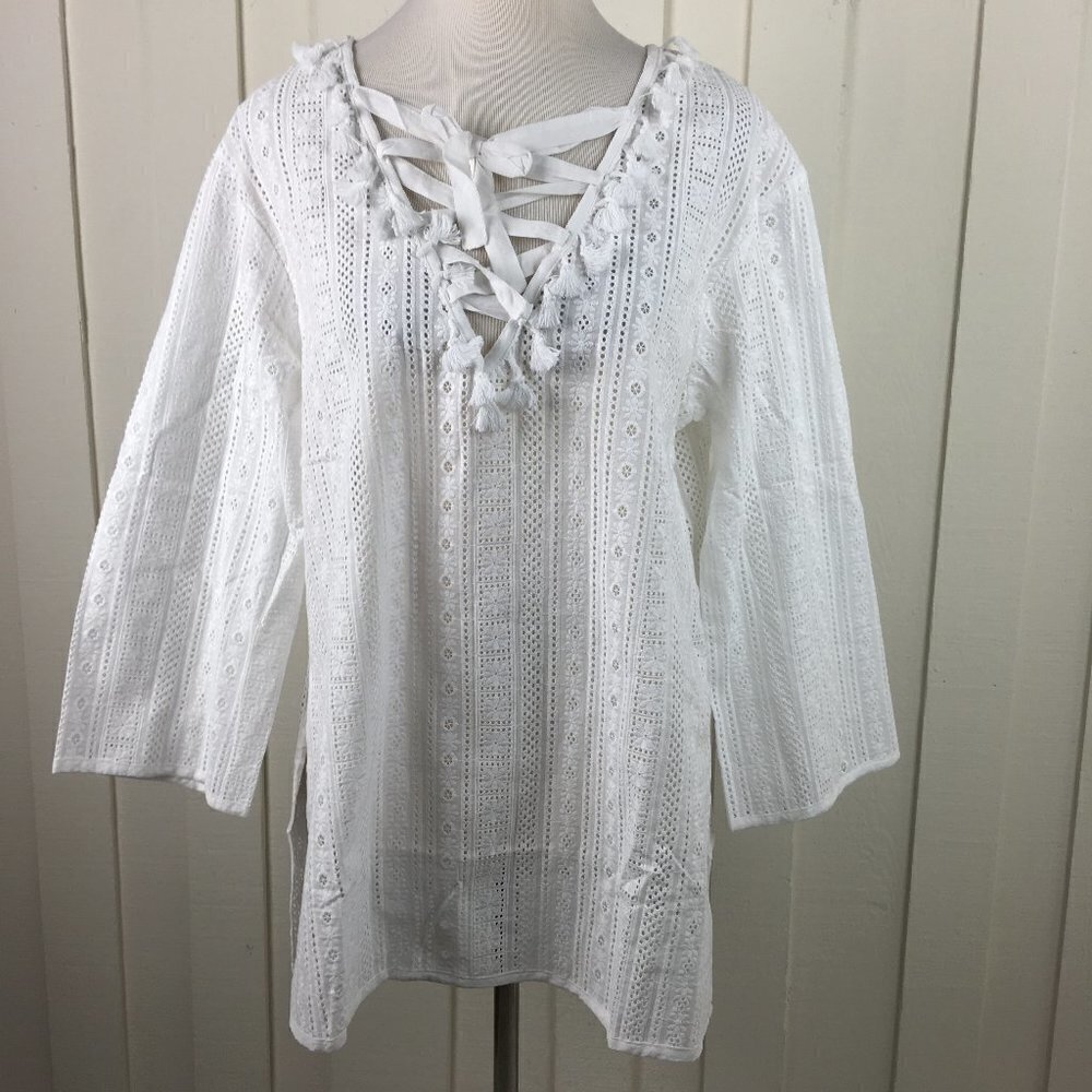 Revolve Line & Dot Eyelet Peasant Top White